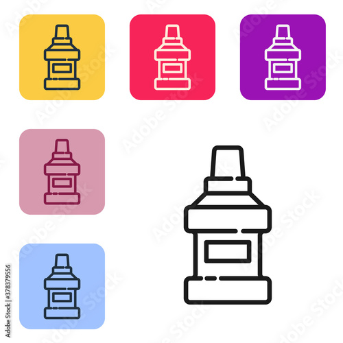 Black line Mouthwash plastic bottle icon isolated on white background. Liquid for rinsing mouth. Oralcare equipment. Set icons in color square buttons. Vector.