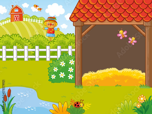 Farm in a cartoon style with a hayloft and pugolom which is behind the fence.