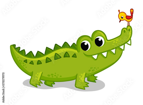 Cute young green crocodile on a white background with a bird. Vector illustration with animal in cartoon style.