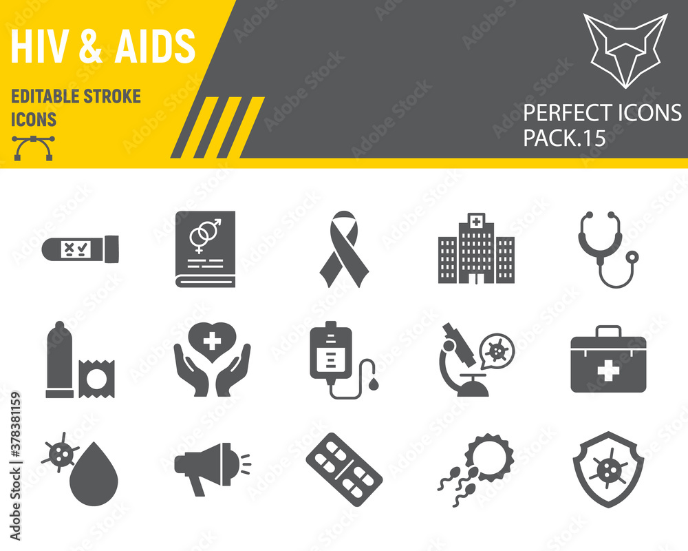 HIV and AIDS glyph icon set, healthcare collection, vector sketches ...