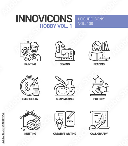 Hobby and activities - line design style icons set