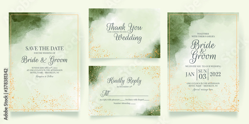 watercolor creamy wedding invitation card template set with golden floral decoration  © Budi