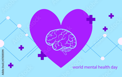 
Stylized poster design for world mental health day. Image of a brain surrounded by a heart with small geometric objects in blue hues. EPS10
