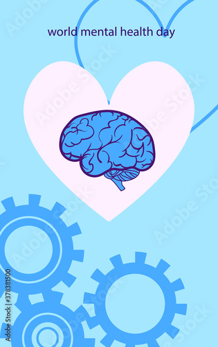 
Stylized poster design for world mental health day. Image of a brain surrounded by gears and a heart in blue hues. EPS10

