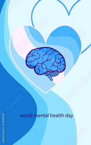 Stylized poster design for world mental health day. Image of a brain surrounded by heart in blue hues. EPS10