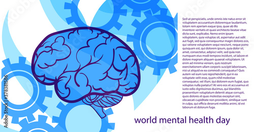 
Stylized poster design for world mental health day. Image of a brain surrounded by gears and a heart in blue hues. EPS10

