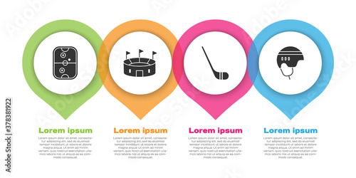 Set Air hockey table, Hockey stadium, Ice hockey stick and Hockey helmet. Business infographic template. Vector.