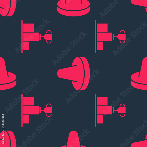 Set Hockey over sports winner podium and Mallet for playing air hockey on seamless pattern. Vector.