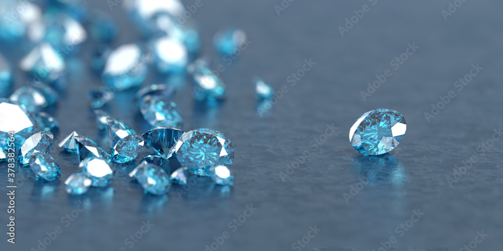Blue diamond sapphire with group of diamonds background selective focus , 3d illustration.