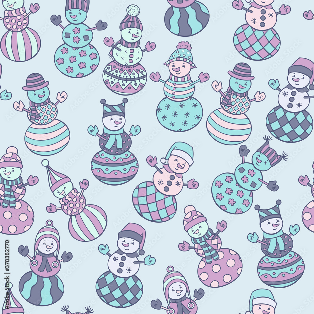 Christmas seamless pattern with snowmen in winter hats on a blue background
