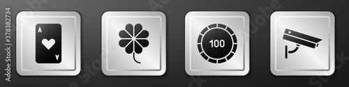 Set Playing card with heart, Casino slot machine with clover, Casino chips and Security camera icon. Silver square button. Vector.