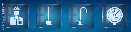 Set Plumber, Mop, Water tap and Water meter. Square glass panels. Vector.