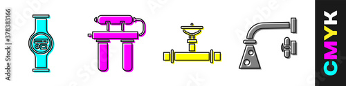 Set Water meter, Water filter, Industry pipe and valve and Water tap icon. Vector.
