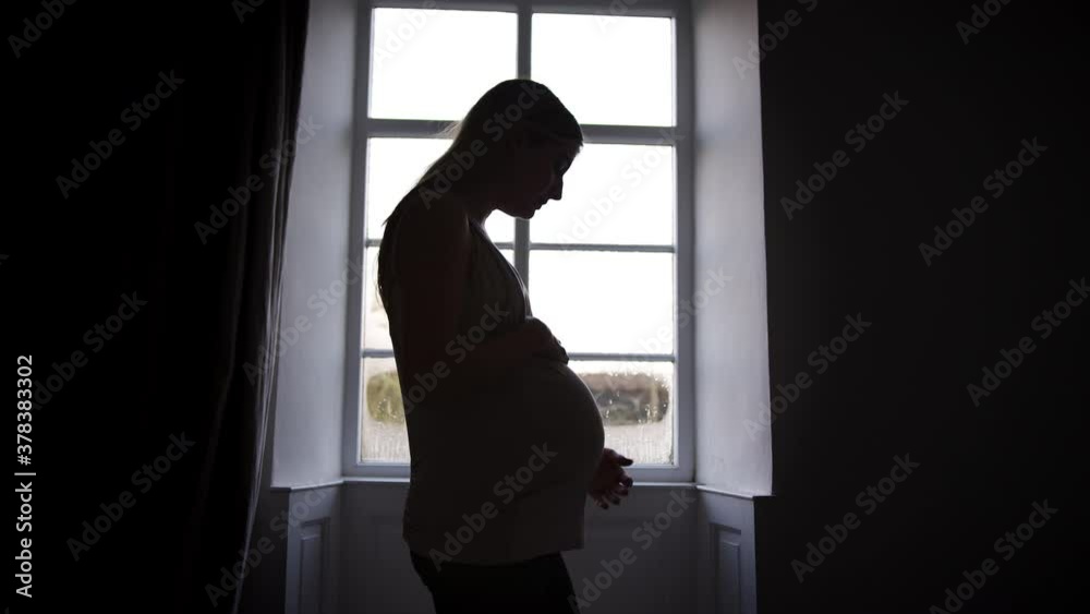 Silhouette of pregnant woman walking into frame and standing by window lovingly touching bump - shot in slow motion Silhouette of pregnant woman walking into frame and standing by window lovingly touching bump - shot in slow motion