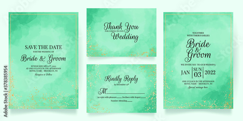 watercolor creamy wedding invitation card template set with golden floral decoration 