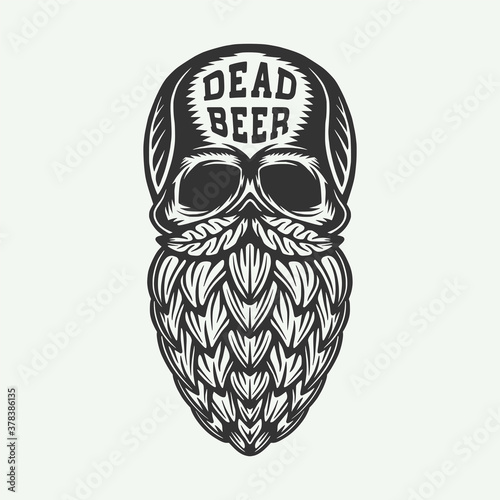 Vintage retro woodcut engraving skull with hop beard. Can be used like emblem, logo, badge, label. mark, poster or print. Monochrome Graphic Art. Vector Illustration..