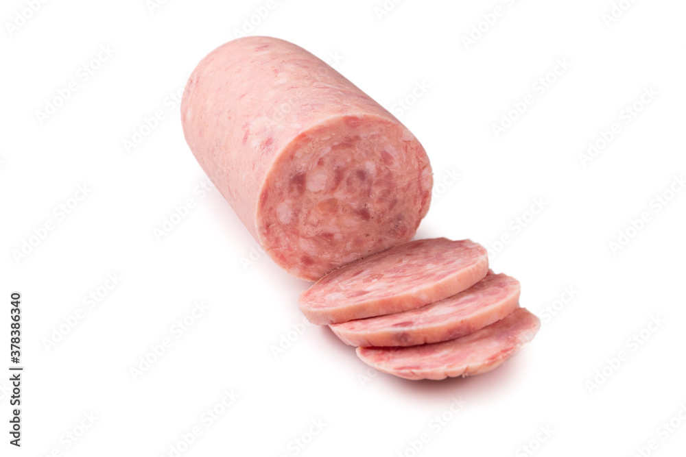 Boiled sausage isolated on white background. Slices. Boiled sausage isolated on white background. Slices.
