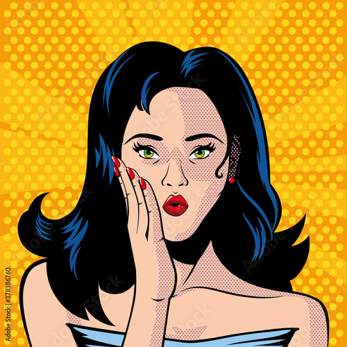 beautiful woman face with open mouth, surprised, style pop art