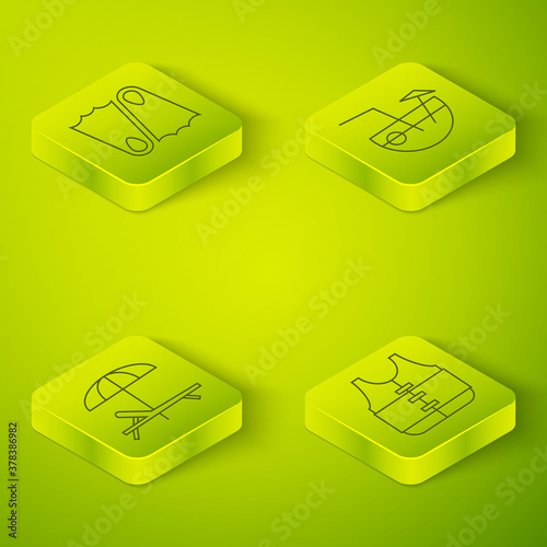 Set Isometric Coconut cocktail, Sunbed and umbrella, Life jacket and Rubber flippers icon. Vector.