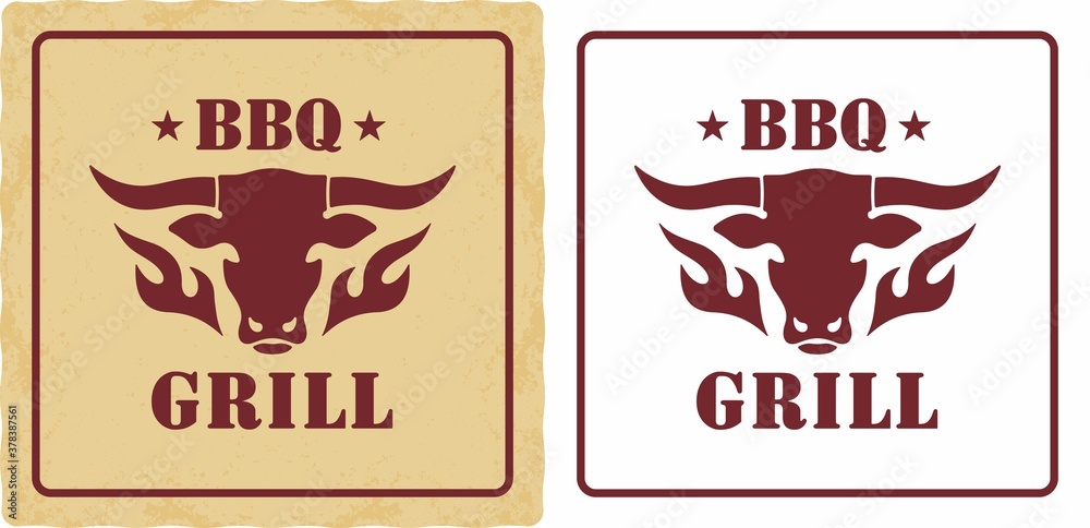 Set of color illustrations of bull, fire and text with stars for logo and emblem. Vector illustration in vintage style on a background with a grunge texture. Advertising barbecue, grill.