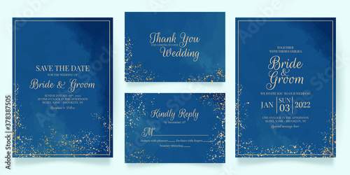 watercolor creamy wedding invitation card template set with golden floral decoration 