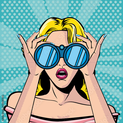 blonde woman face with open mouth, binoculars, pop art style
