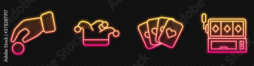 Set line Deck of playing cards, Hand holding casino chips, Joker playing card and Slot machine. Glowing neon icon. Vector.