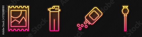 Set line Medicine bottle and pills, LSD acid mark, Lighter and Opium poppy. Glowing neon icon. Vector.