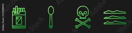 Set line Skull on crossbones, Open cigarettes pack box, Heroin in a spoon and Cocaine or heroin drug. Gradient color icons. Vector.