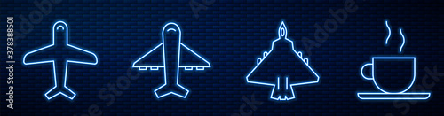 Set line Jet fighter, Plane, Plane and Coffee cup. Glowing neon icon on brick wall. Vector.