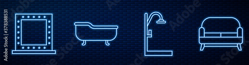 Set line Shower, Makeup mirror with lights, Bathtub and Sofa. Glowing neon icon on brick wall. Vector.