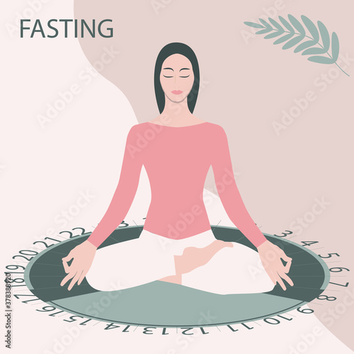 Intermittent fasting - dial, girl sitting in asana pose - vector. Diet concept. Yoga