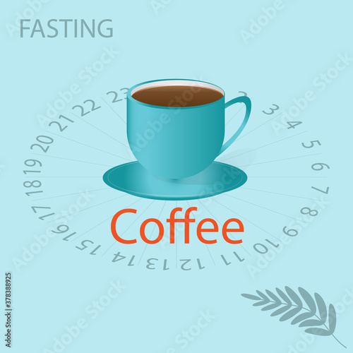 Intermittent fasting - a cup of coffee on a clock face background - vector. Diet concept