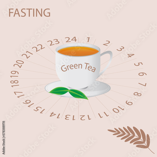 Intermittent fasting - cup of green tea on the background of the clock face - vector. Diet concept