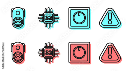 Set line Electric light switch, Electrical outlet, Processor with microcircuits CPU and Exclamation mark in triangle icon. Vector.