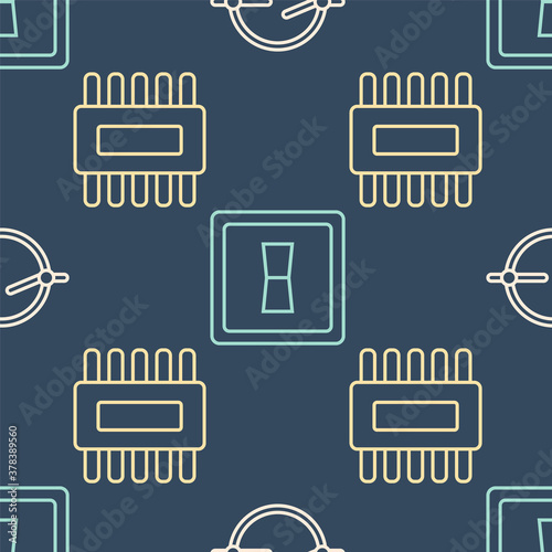 Set line Electric circuit scheme, Processor with microcircuits CPU and Electric light switch on seamless pattern. Vector.