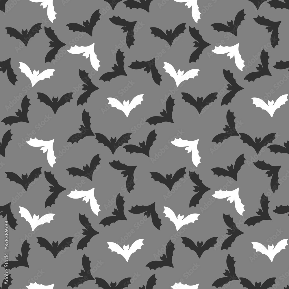 Fototapeta premium Bat Seamless Pattern. Cute cartoon black and white bats on grey . Halloween, vector