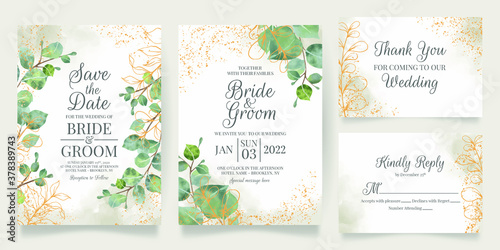 watercolor creamy wedding invitation card template set with golden floral decoration 