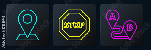 Set line Location, Route location and Stop sign. Black square button. Vector.