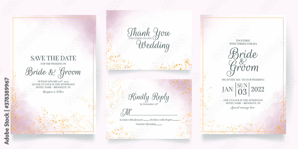 Fototapeta premium watercolor creamy wedding invitation card template set with golden floral decoration