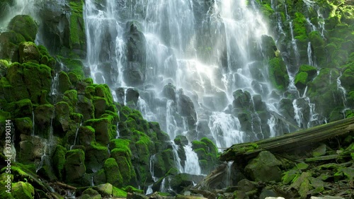 Low angle, Ramona Falls cascades over mossy environment