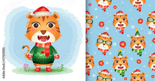 a cute tiger christmas characters collection with a hat  jacket and scarf. seamless pattern and illustration designs