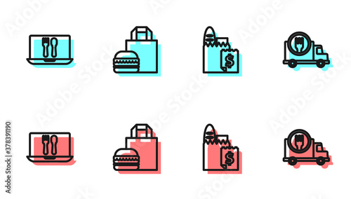 Set line Online ordering and delivery, , burger and Fast by car icon. Vector.