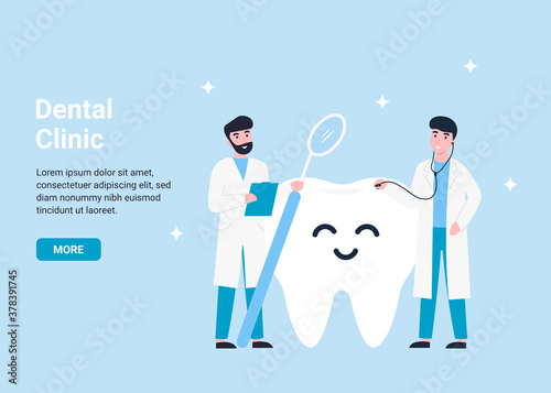 Dental clinic concept, two dentists near happy tooth. Flat vector illustration for web page, banner, poster, template, layout.
