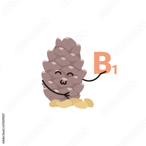 Cute happy smiling funny kawaii cone pine nut. Healthy Vitamin B1 product. Flat vector cartoon modern character illustration.