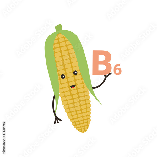 Cute happy smiling funny kawaii ripe corn. Useful Vitamin B6 product. Flat vector cartoon modern character illustration.