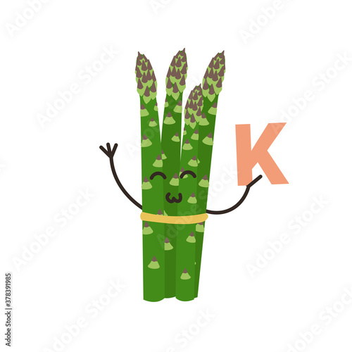 Cute happy smiling funny kawaii asparagus. Useful Vitamin K product. Flat vector cartoon modern character illustration.