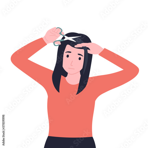Woman cuts her own bangs. Portrait of attractive young girl cutting her own hair. Flat vector cartoon illustration.