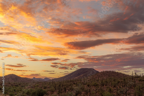 Sunset over a mountain landscape in the Sonoran Desert of Arizona