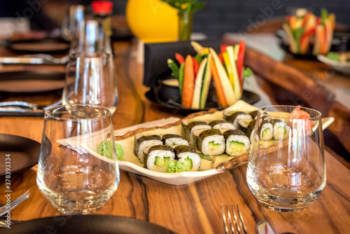 Sushi set on the served table